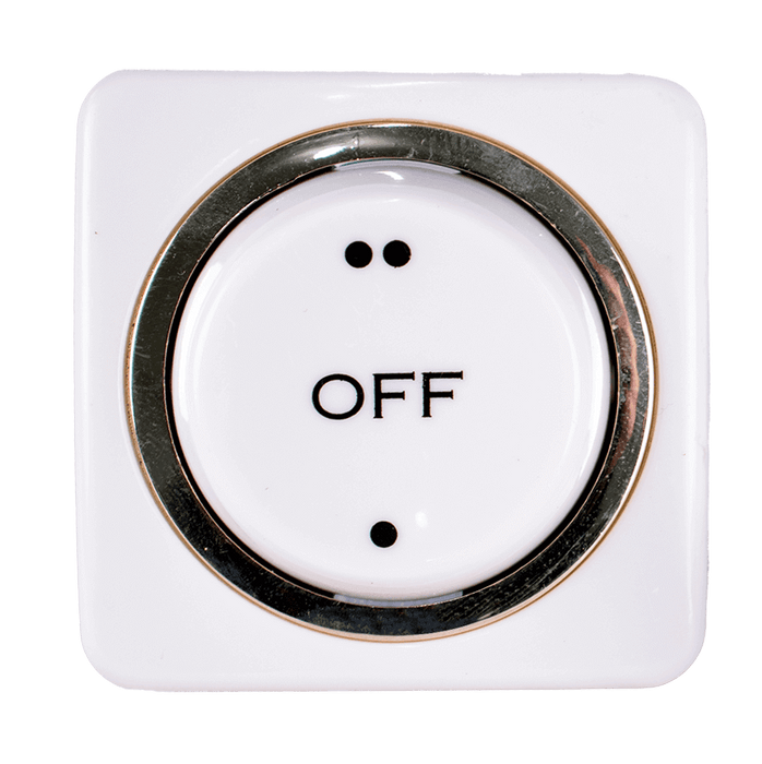 Close-up of a round, white light switch with "OFF" text and black dots within a square frame.