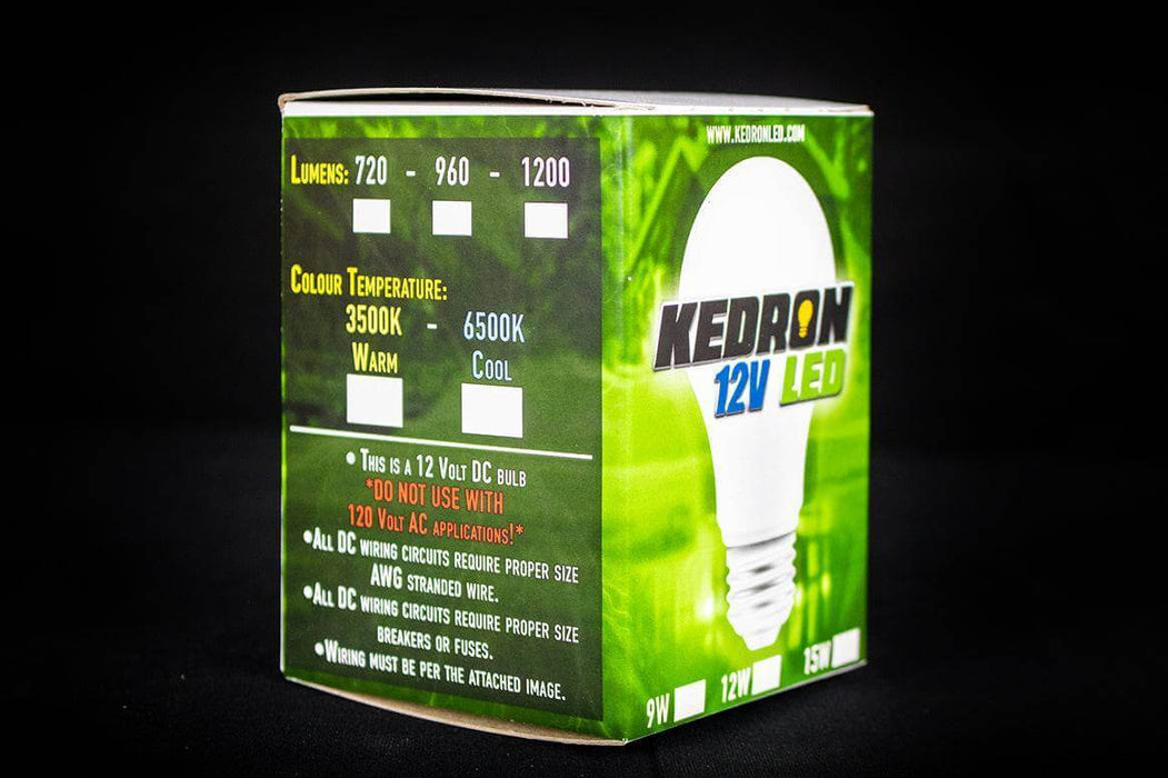 Kedron 12V 15W LED DC Light Bulb packaging showcasing energy efficiency and dual color temperature options for Cabin Depot.