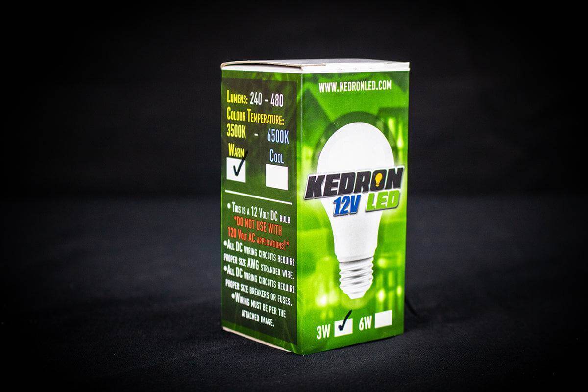 Kedron 12V 3W LED DC light bulb packaging, featuring energy-saving features, cold and warm white options from Cabin Depot.