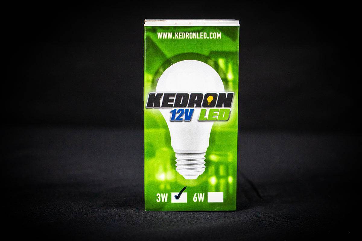 Kedron 12V 3W LED bulb packaging for energy-efficient cabin lighting 6500K or 3500K, E26/E27 socket, sold by Cabin Depot.