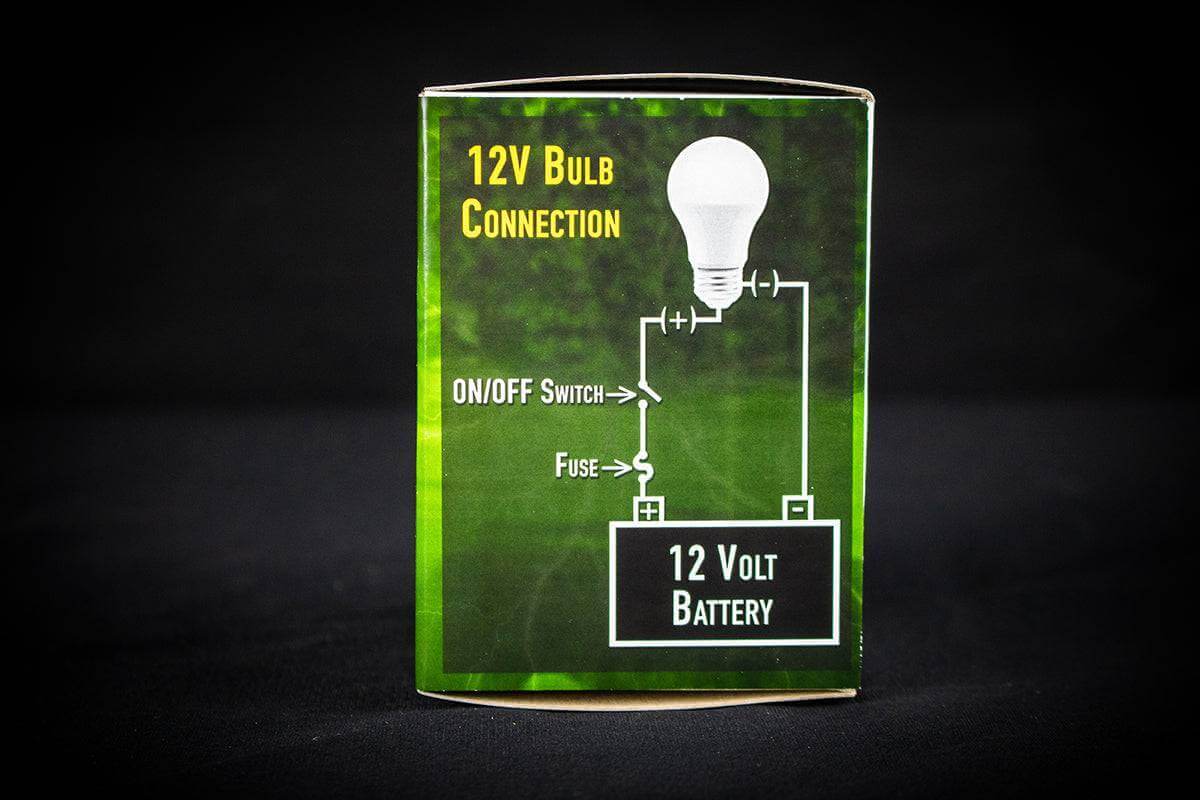 Diagram of 12V bulb connection to battery, showing switch and fuse setup for Cabin Depot 12V lighting solutions.