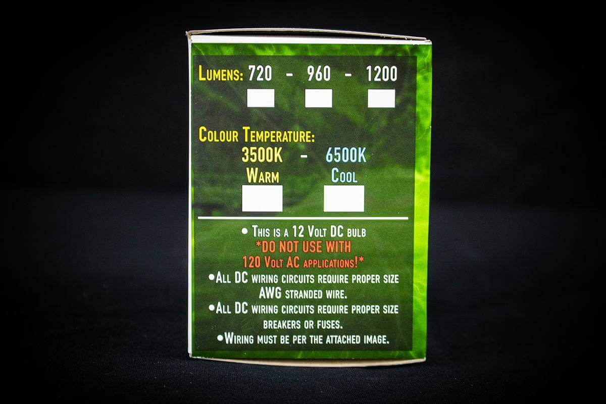 Packaging of Kedron 12V LED DC Light Bulb with 3500K warm and 6500K cool temperatures, 720-1200 lumens, from Cabin Depot.