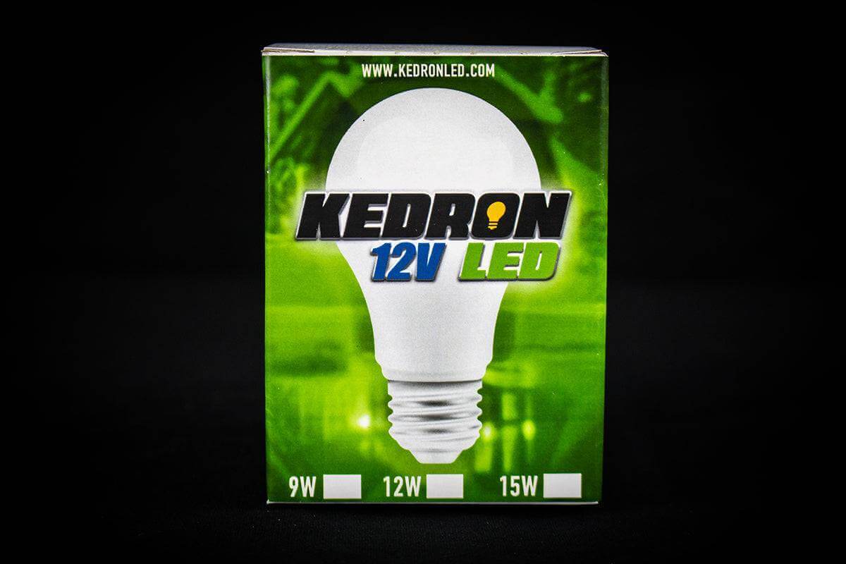 Kedron 12V 9W LED DC Light Bulb packaging, ideal for cabins, E26/E27 socket, 700 lumens, cold or warm white, available at Cabin Depot.