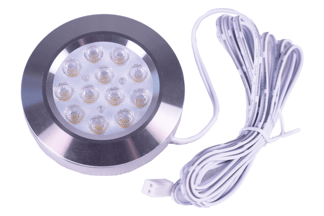 Kedron 12V Circular Flush Light from Cabin Depot with wiring, ideal for cabinet lighting. Compatible with Kedron 12V Splitter Hub & AC Adapter.