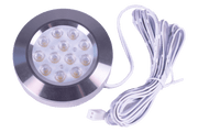 Kedron 12V Circular Flush Light from Cabin Depot with wiring, ideal for cabinet lighting. Compatible with Kedron 12V Splitter Hub & AC Adapter.