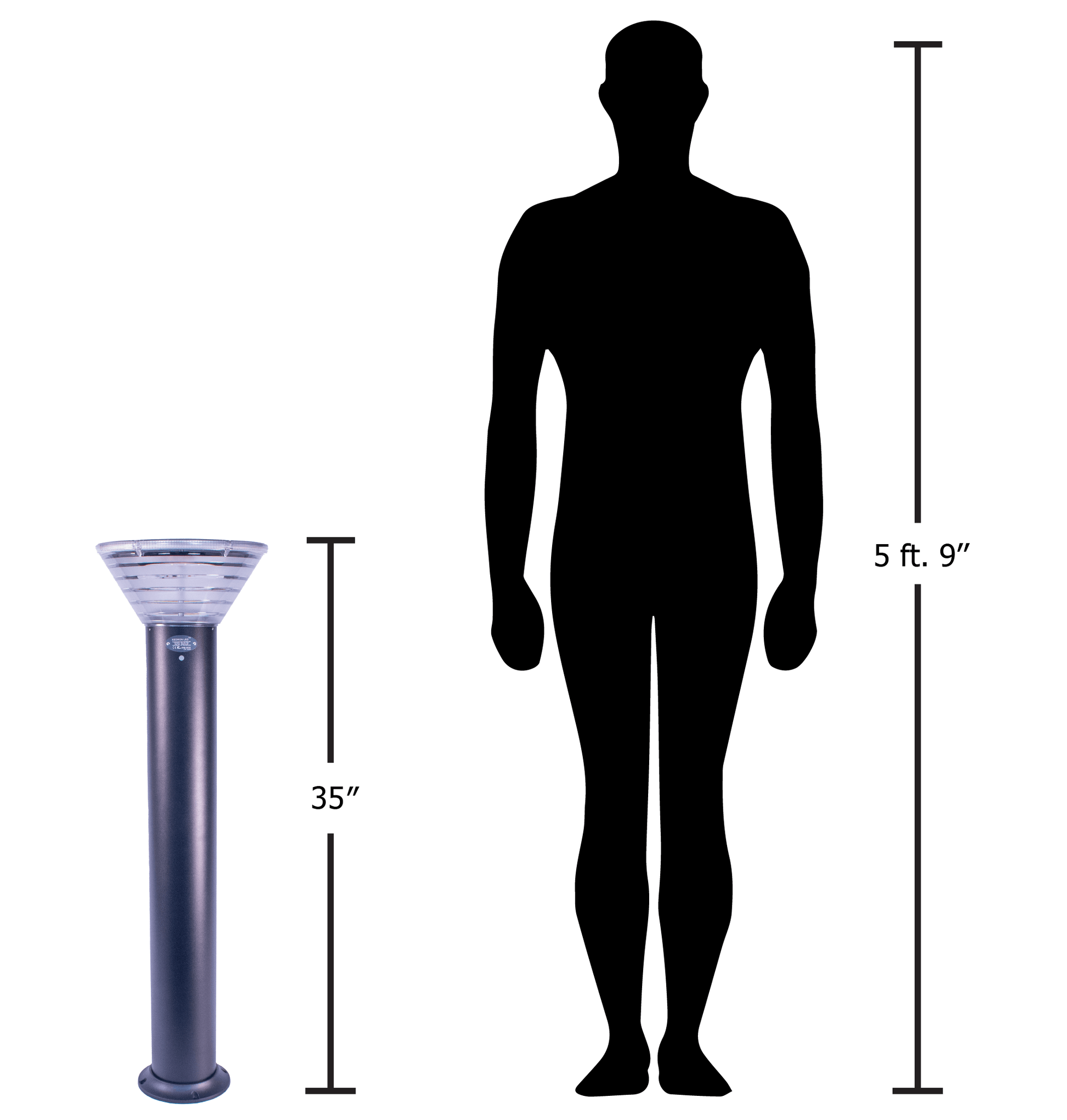 Kedron 90cm LED Solar Bollard Light size comparison with a human silhouette, featured at Cabin Depot for garden and pathway lighting.