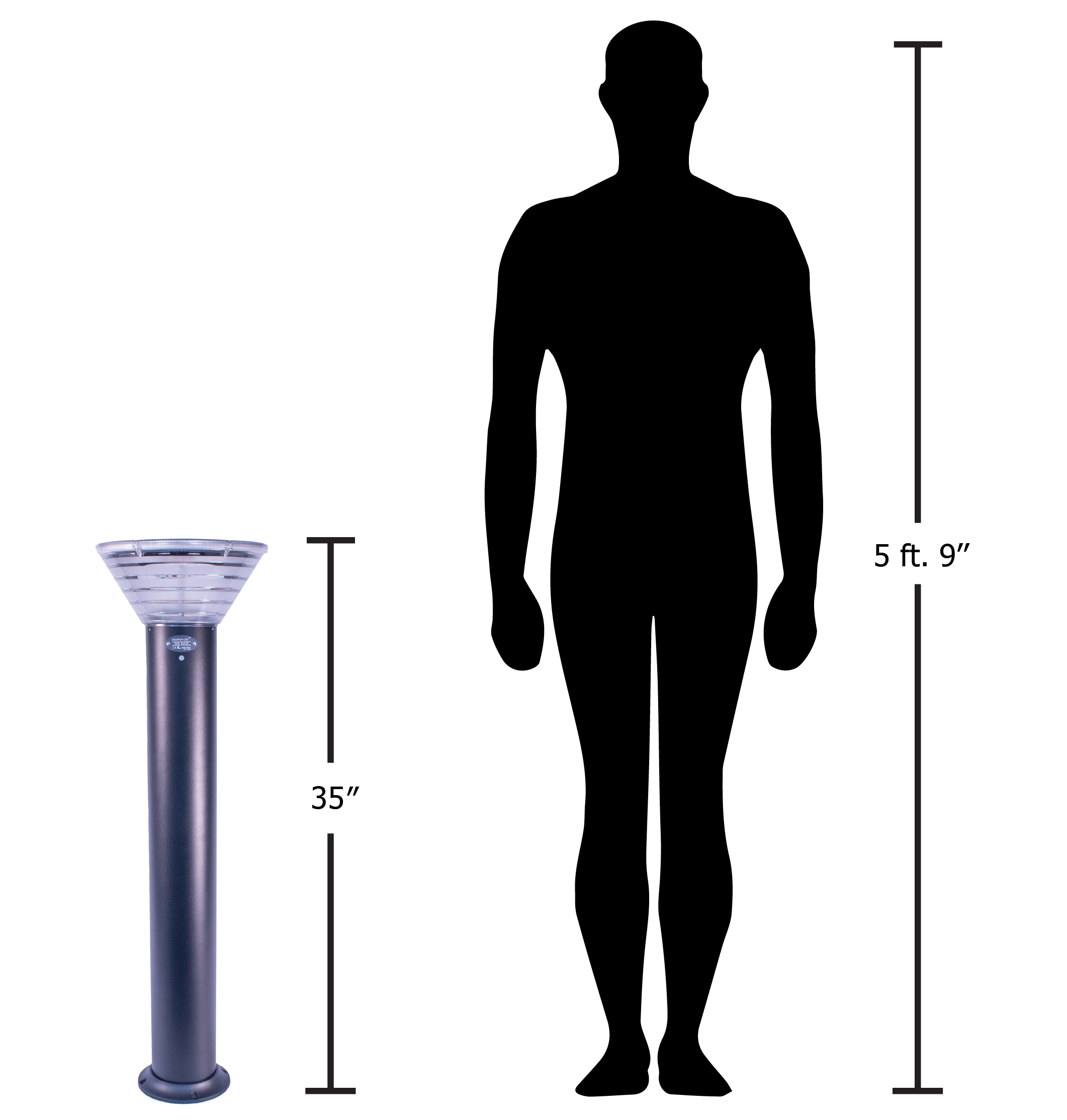 Kedron 90cm LED Solar Bollard Light size comparison with a human silhouette, featured at Cabin Depot for garden and pathway lighting.