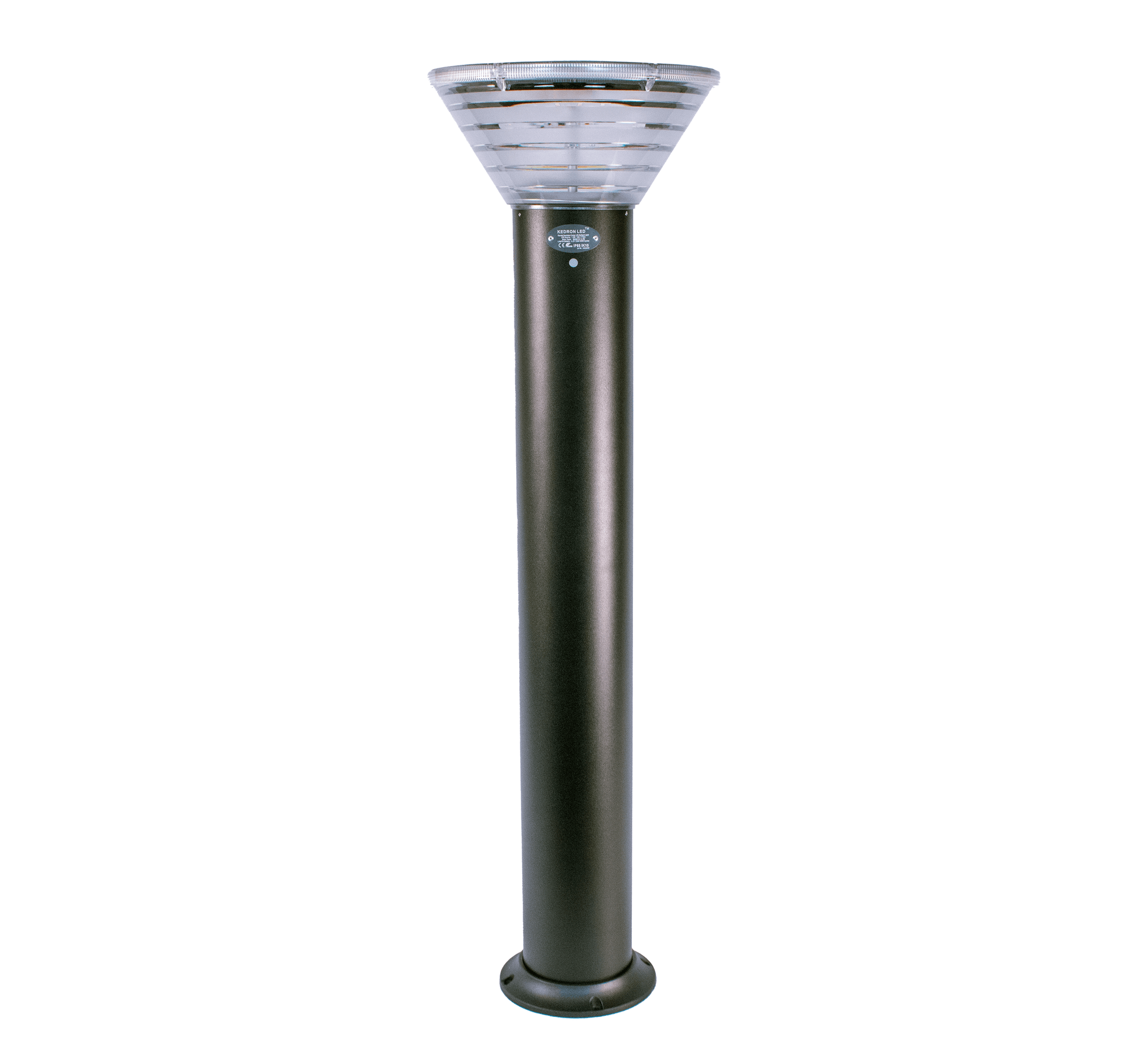 Kedron 90cm LED Solar Bollard Light with aluminum base from Cabin Depot, ideal for pathways and garden lighting.