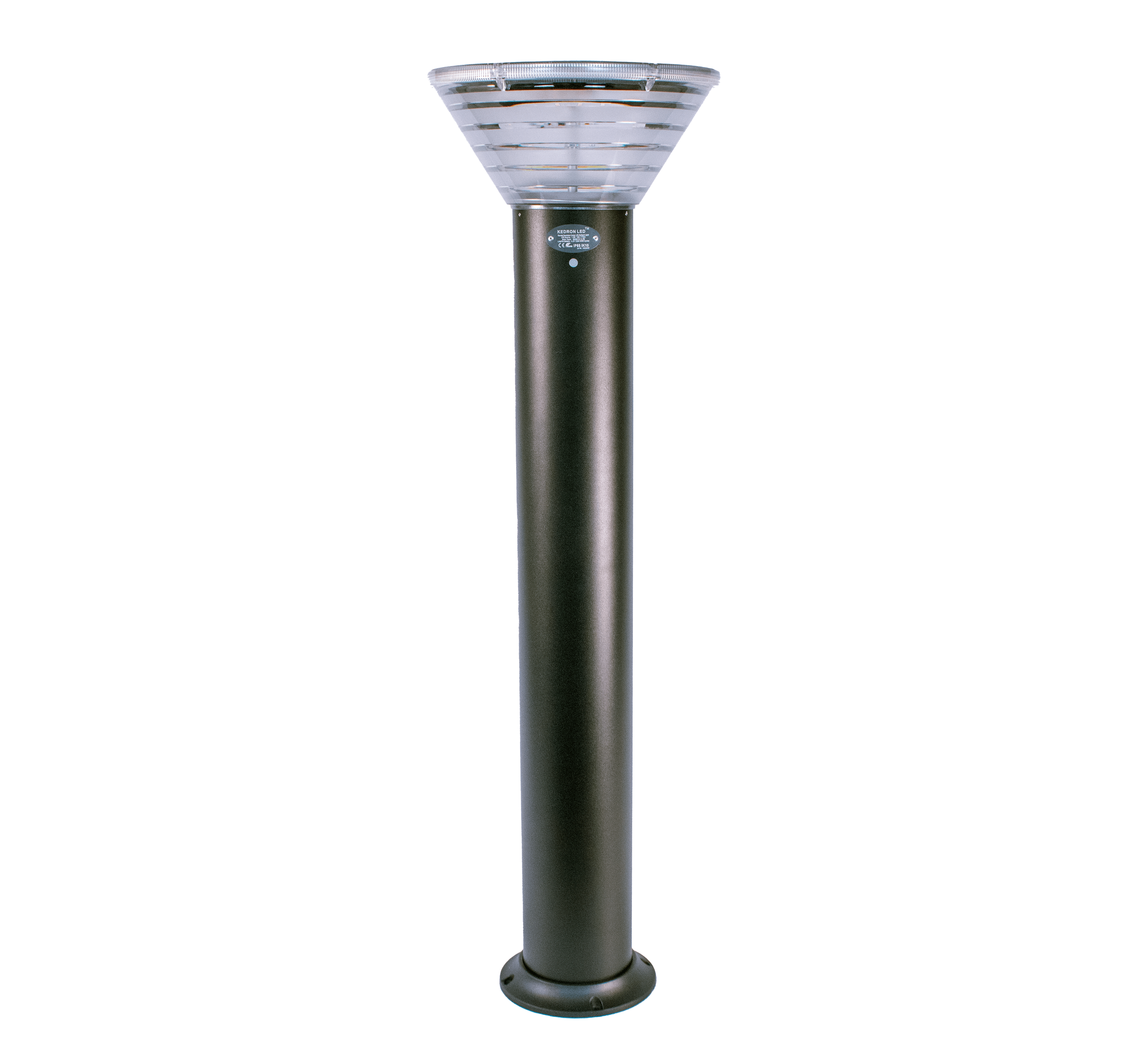 Kedron 90cm LED Solar Bollard Light with aluminum base from Cabin Depot, ideal for pathways and garden lighting.