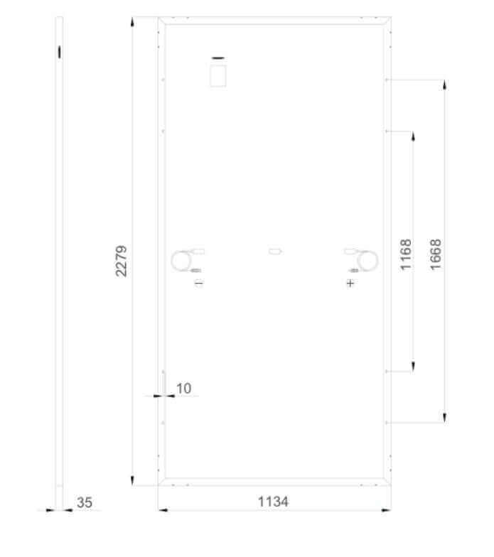 Technical drawing of Kedron Solar 590W Mono Solar Panel, highlighting dimensions. Available at Cabin Depot, made in Canada.