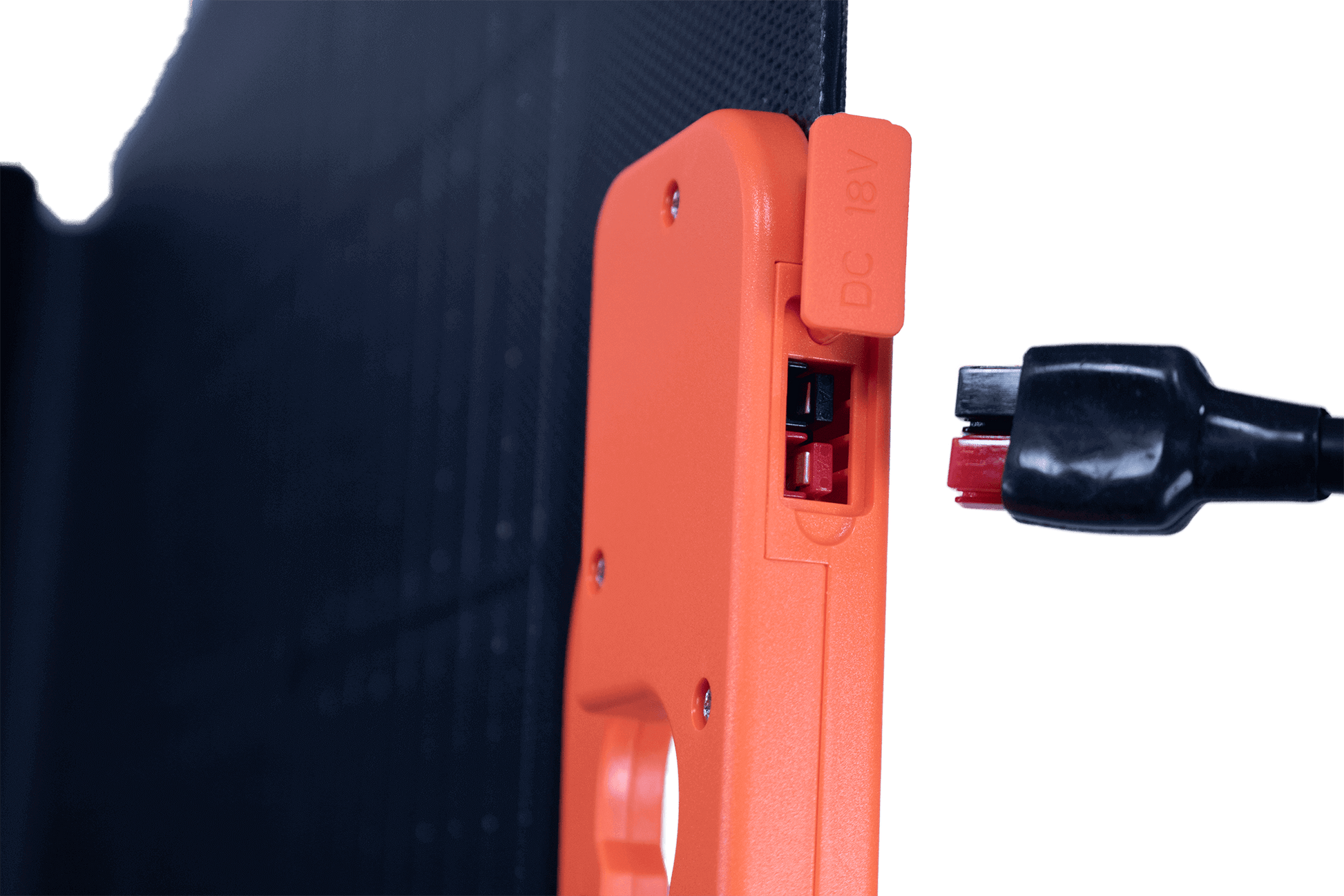 Kedron 100W Folding Solar Panel Kit connector close-up for portable generators by Cabin Depot