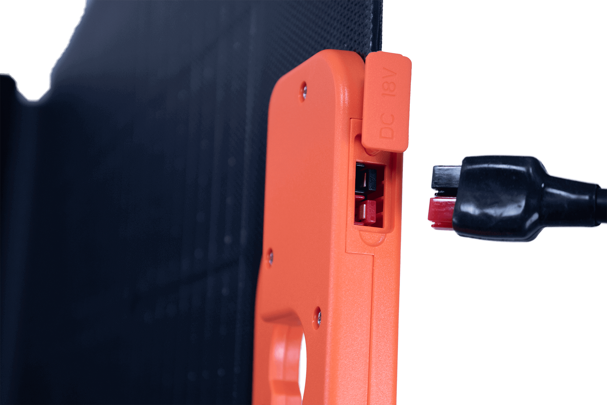 Kedron 100W Folding Solar Panel Kit connector close-up for portable generators by Cabin Depot