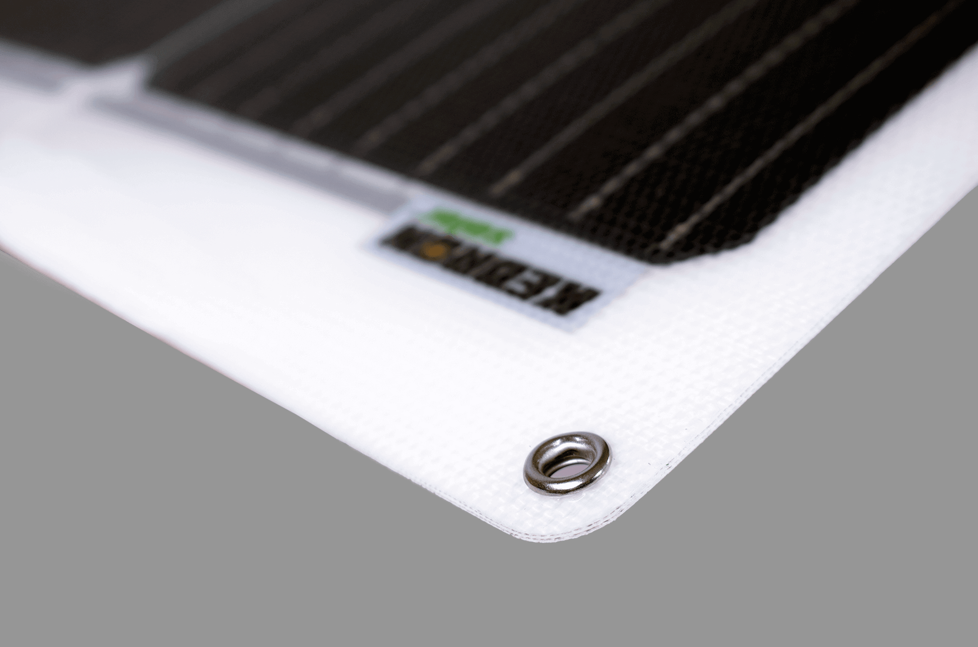 Kedron 100W Mono Semi-Flex Solar Panel corner detail, lightweight ETFE coating, perfect for RV or boat by Cabin Depot