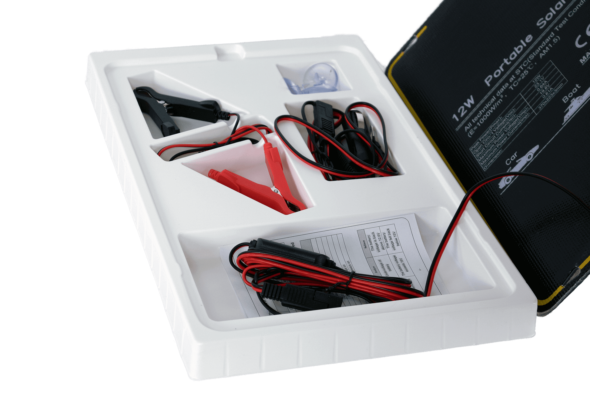 Kedron 12W Trickle Charger Kit components, perfect for charging ATV, boat, motorcycle, car or truck batteries with suction pads, Cabin Depot.