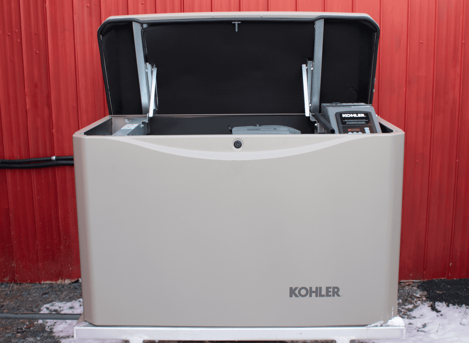 Kohler 14kW Off-Grid LPG Generator with open top, designed for efficient power supply, showcased against a red background.