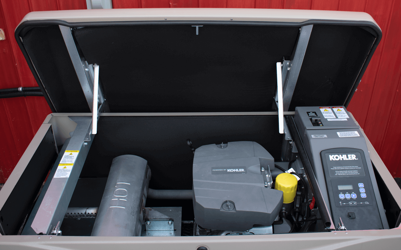 Kohler 14kW LPG Generator Off-Grid Edition by Cabin Depot, CSA Certified, open view of engine and control panel for off-grid power use.