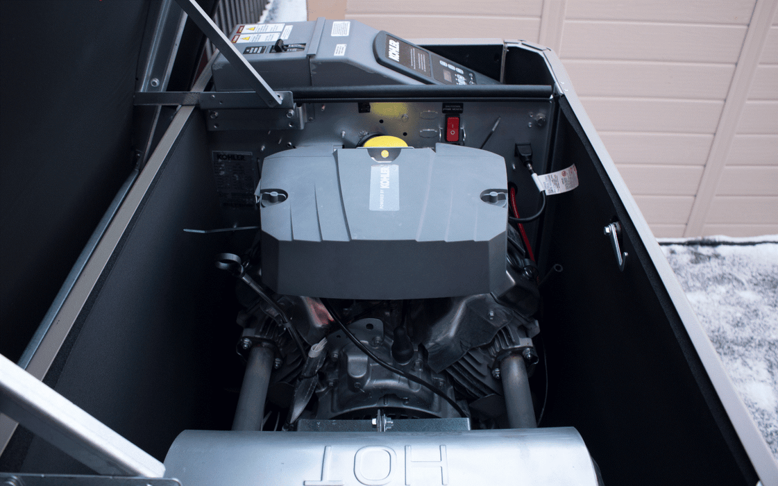 Kohler 14kW LPG Generator Off-Grid Edition engine view inside protective casing, ready for installation and operation.