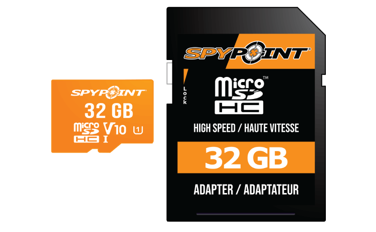 Spypoint Micro-SD 32GB card and adapter from Cabin Depot for expanding storage in high-quality image and video capture.