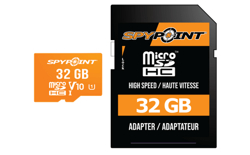 Spypoint Micro-SD 32GB card and adapter from Cabin Depot for expanding storage in high-quality image and video capture.