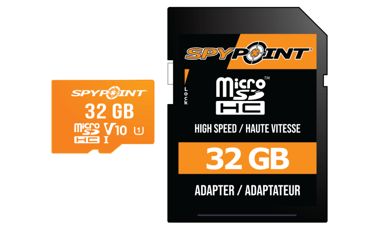 Spypoint Micro-SD 32GB card with adapter for high-quality image and video storage expansion.