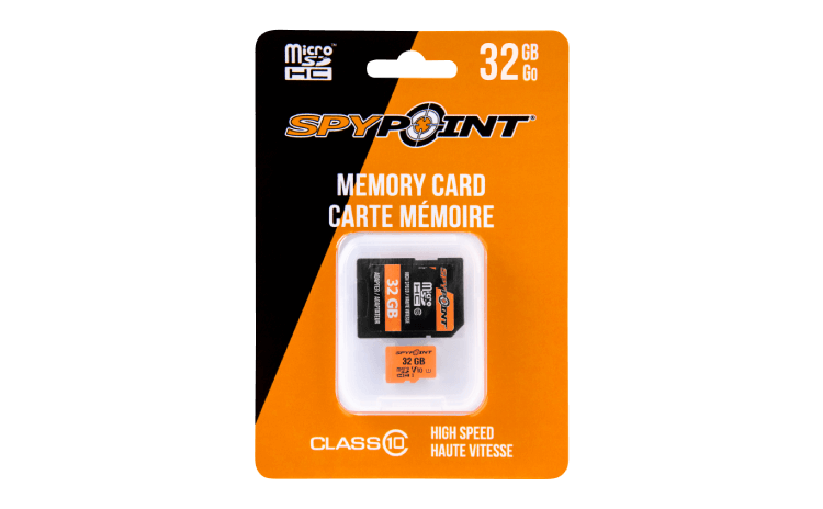 Spypoint 32GB Micro-SD card for high-quality image and video storage, available at Cabin Depot, packaging view.