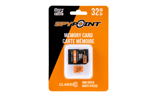 Spypoint 32GB Micro-SD card for high-quality image and video storage, available at Cabin Depot, packaging view.