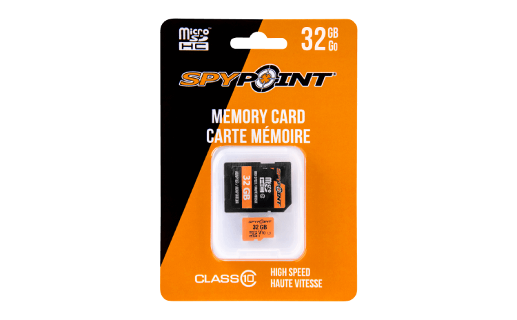 Spypoint 32GB Micro-SD card packaging for expanding storage of high-quality images and videos.