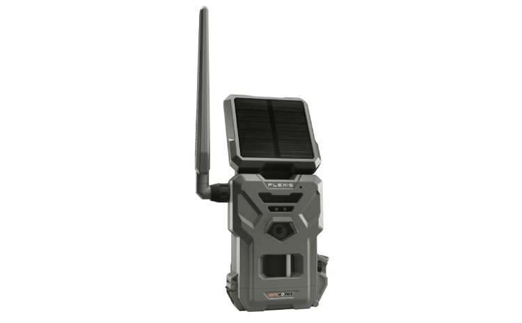 Spypoint Flex-S Cellular Trail Camera with solar panel for remote wildlife monitoring and real-time updates.