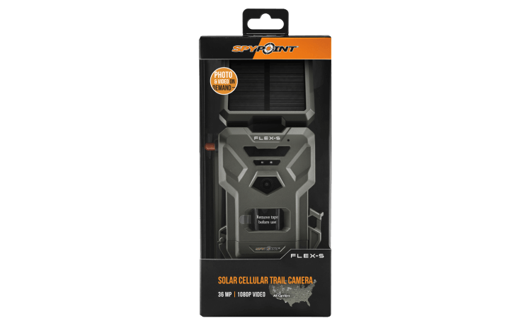 Spypoint Flex-S Cellular Trail Camera in packaging, advanced solar-powered device for monitoring wildlife remotely.