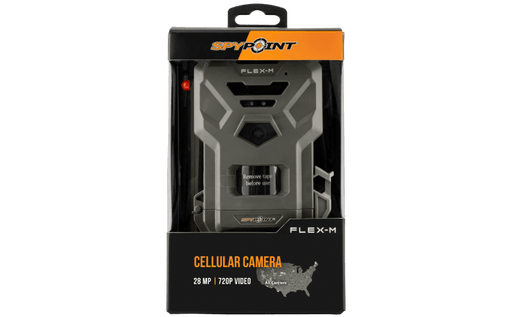 Spypoint Flex-M Cellular Trail Camera in packaging from Cabin Depot, ideal for wildlife observation with easy image transfer to devices.