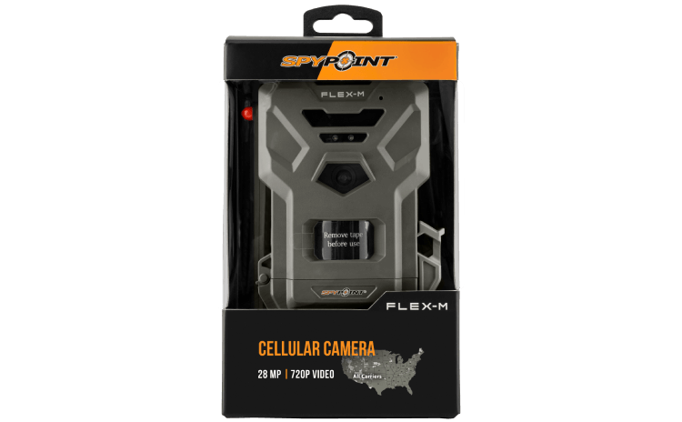 Spypoint Flex-M Cellular Trail Camera in packaging, ideal for wildlife observation with easy-to-use features and image sharing capabilities.