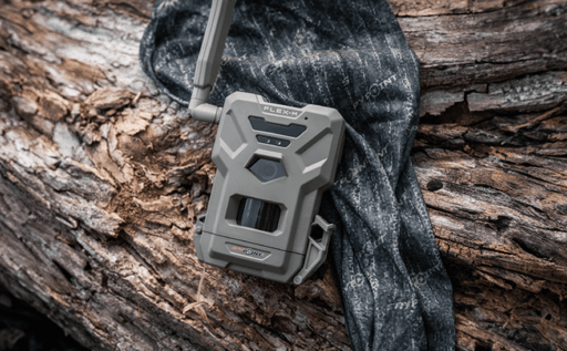 Spypoint Flex-M Cellular Trail Camera on log for wildlife observation - Cabin Depot exclusive