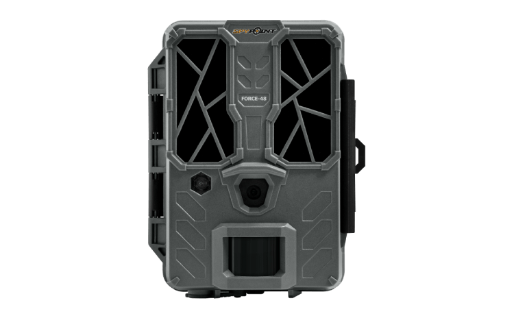 Spypoint Force-48 Trail Camera at Cabin Depot with 48MP, Photo, Video, and Time-Lapse modes for monitoring wildlife and security.