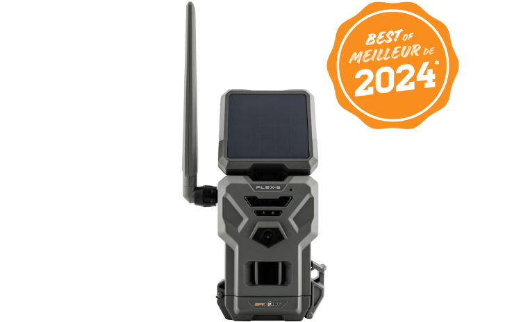 Spypoint Flex-S Cellular Trail Camera with solar panel, featuring real-time wildlife monitoring, awarded Best of 2024.