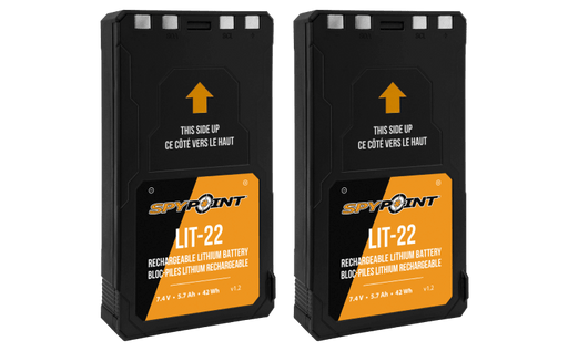 Spypoint LIT-22 twin-pack 7.4V lithium batteries for trail cameras, available at Cabin Depot, extending field time.