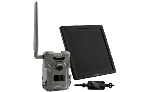 Spypoint Flex-M digital still camera with solar bundle from Cabin Depot, featuring a SPLB-10 compact solar panel for extended power.