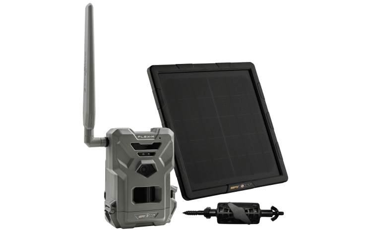 SpyPoint FLEX-M Solar Trail Camera Bundle with SPLB-10 Solar Panel for cellular trail monitoring and extended battery life.