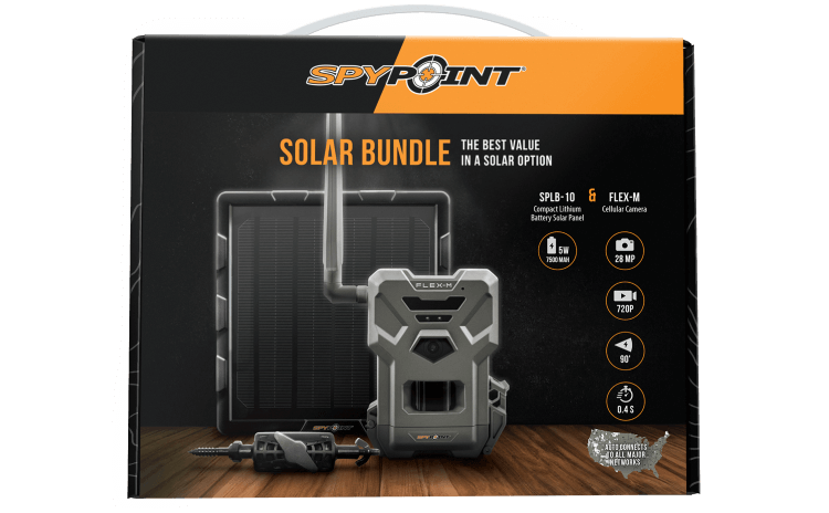 Spypoint Flex-M Digital Camera with SPLB-10 Solar Panel Bundle from Cabin Depot, ideal for long-lasting solar-powered surveillance.
