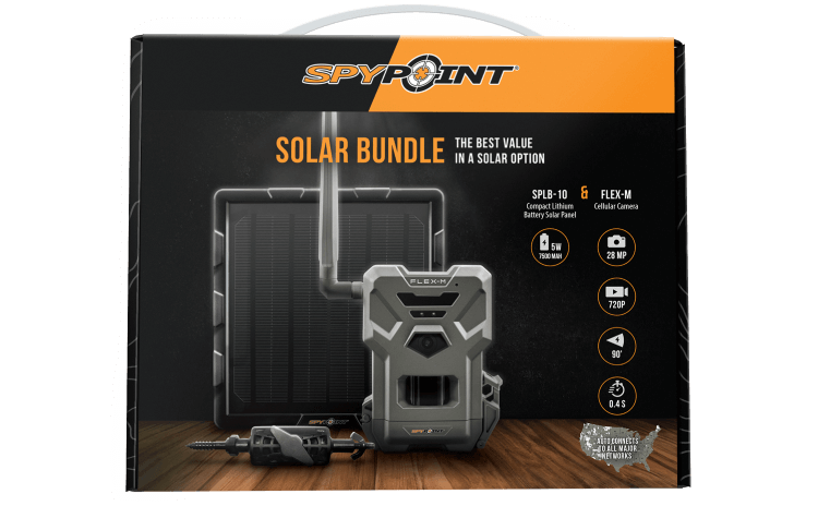 SpyPoint FLEX-M SOLAR Trail Camera Bundle with SPLB-10 Compact Solar Panel in packaging for efficient power and cellular ease.