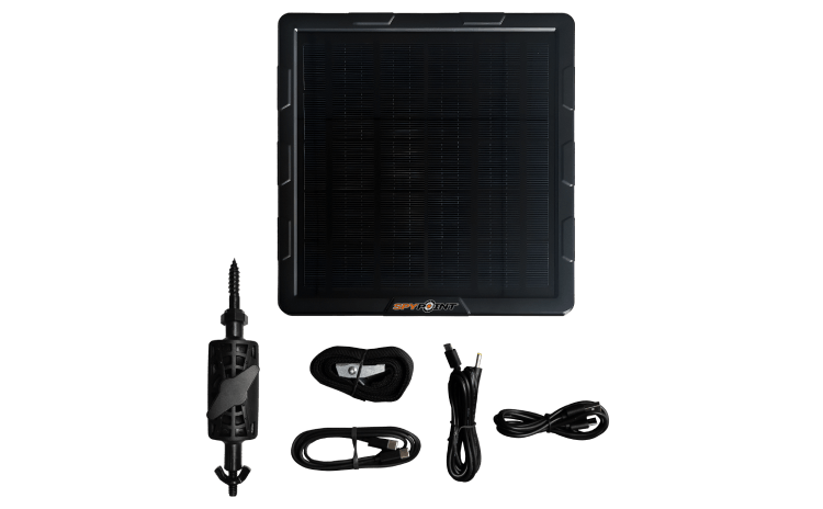 Spypoint SPLB-10 lithium battery solar panel with accessories for trail cameras, featuring 5W solar charging capability.