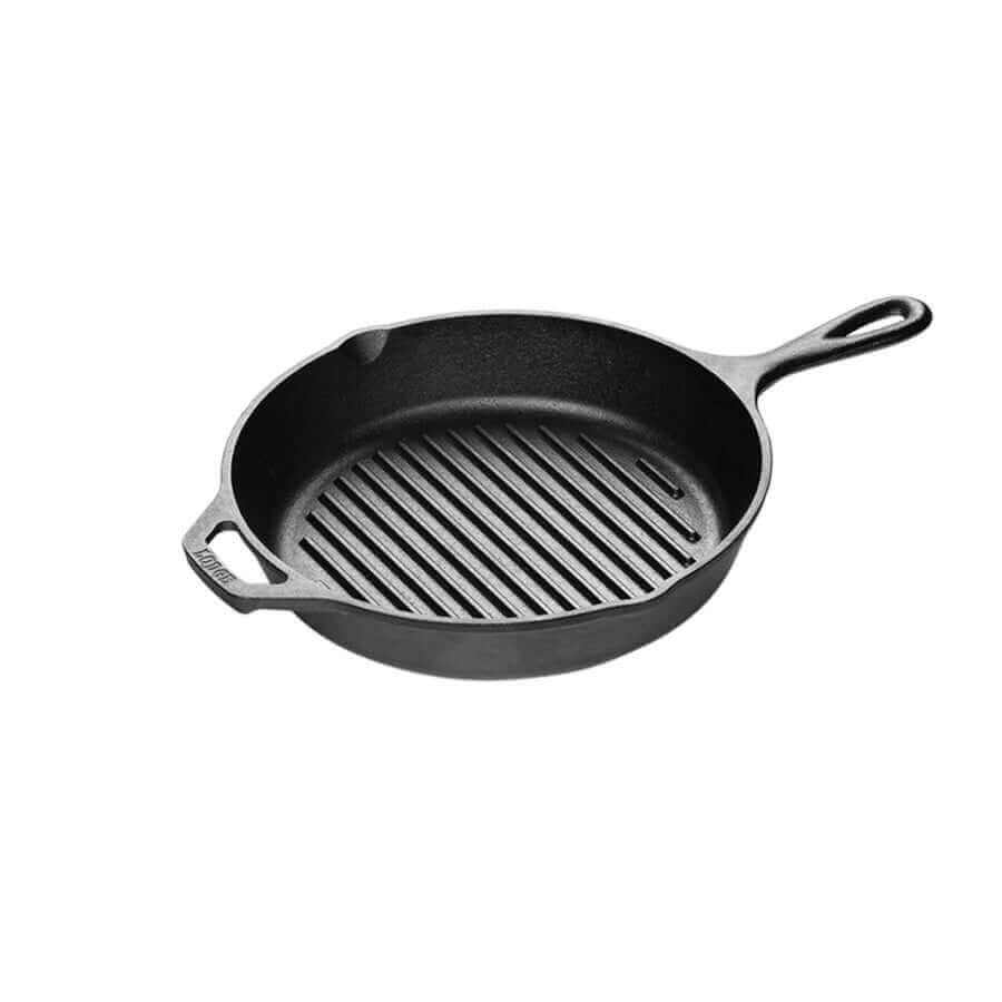 Lodge 10.25" cast iron grill pan with deep heat retention, perfect for searing at Cabin Depot.