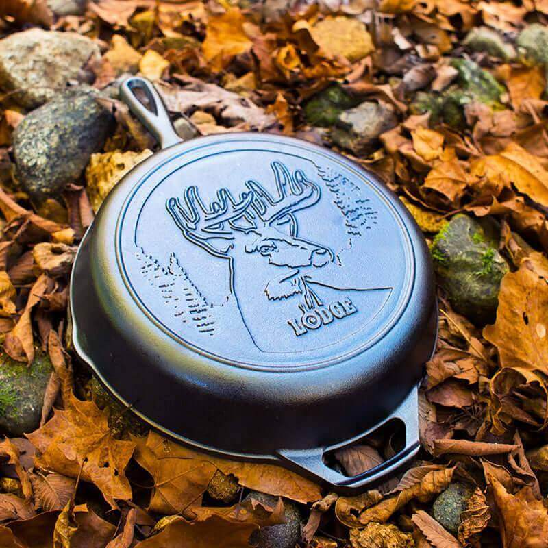Lodge 10.25-inch Wildlife Series Cast Iron Skillet with Deer Design, available at Cabin Depot, ideal for collectible cookware enthusiasts.