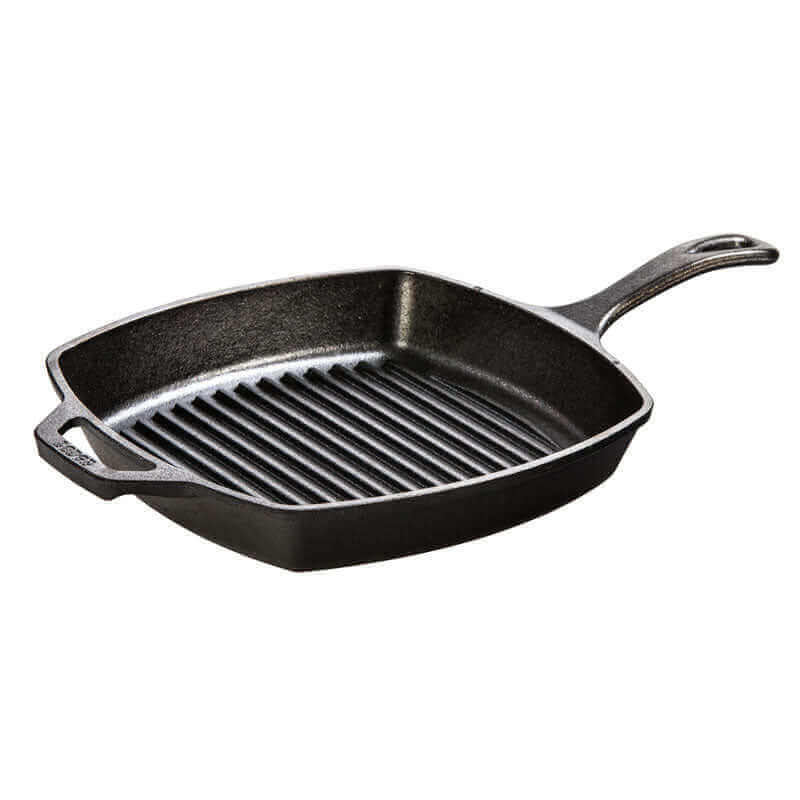 Lodge 10.5" Cast Iron Square Grill Pan from Cabin Depot – seasoned, ready-to-use, perfect for searing and grilling at home.