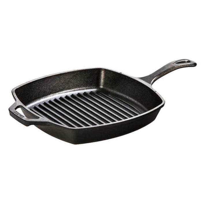 Lodge 10.5" cast iron square grill pan with natural seasoning and ribbed surface for perfect grill marks and even heating.