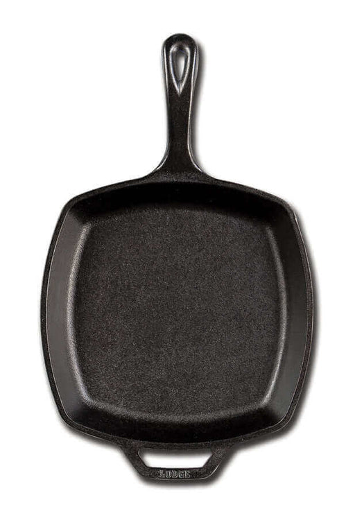 Lodge 10.5" Cast Iron Square Skillet with handle, seasoned for cooking, made in America, ideal for even heating and heat retention.