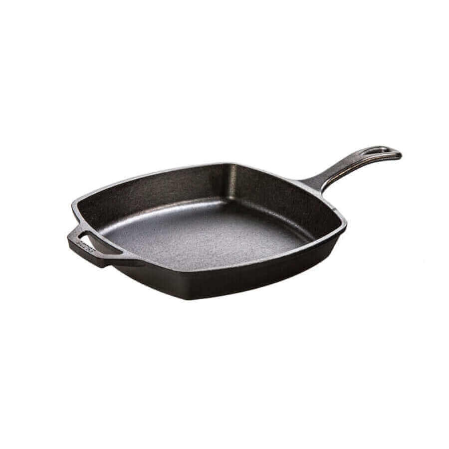 Lodge 10.5" Cast Iron Square Skillet from Cabin Depot, seasoned for cooking. Made in America, features unparalleled heat retention.