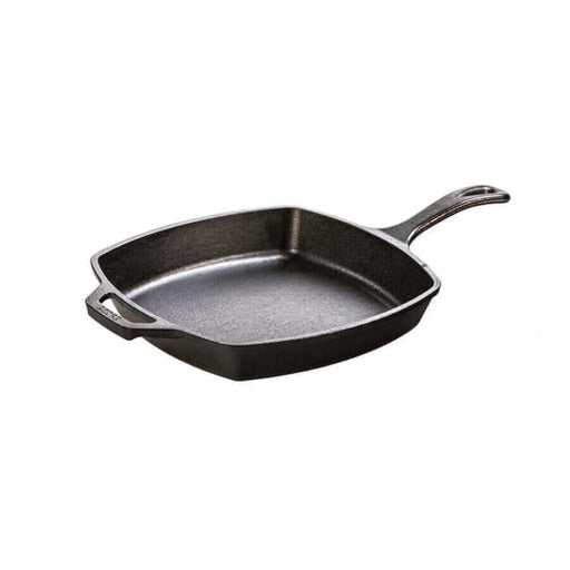 Lodge 10.5" cast iron square skillet with handle, seasoned surface for even heating, perfect for various cooking needs.