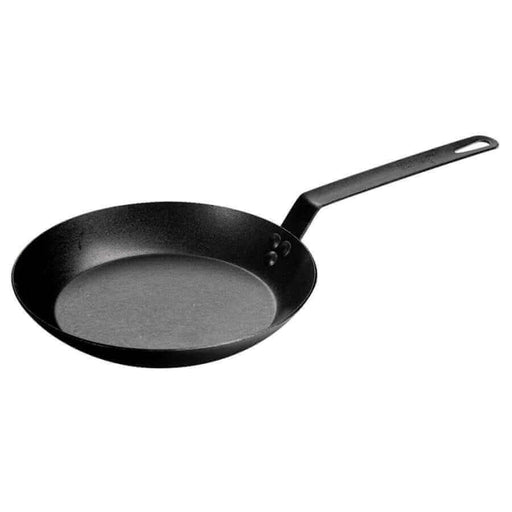 Lodge 10" seasoned carbon steel skillet with long handle, ideal for home chefs and camp cooking, seasoned for easy-release cooking.