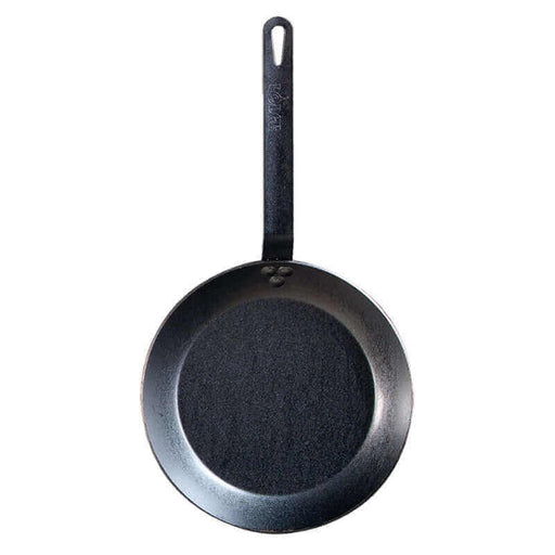 Lodge 10" Seasoned Steel Skillet with long handle, ideal for home and camp cooking, lightweight and pre-seasoned with natural vegetable oil.