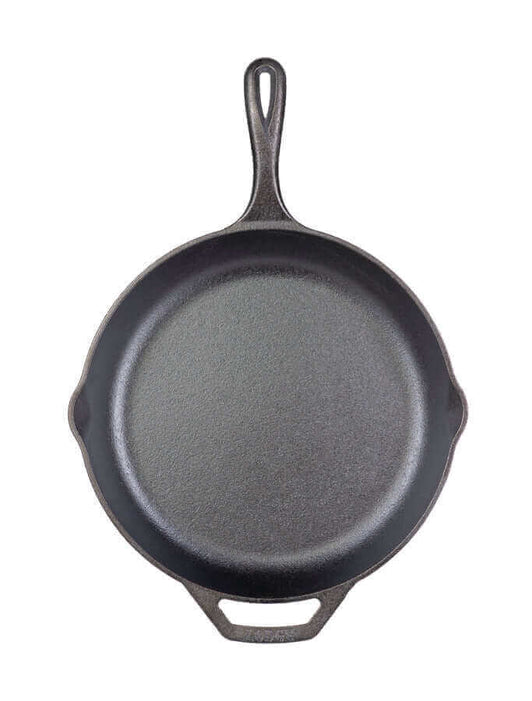 Lodge 12" Chef Collection Skillet with ergonomic handle and pour spouts, seasoned with natural vegetable oil for easy release cooking.